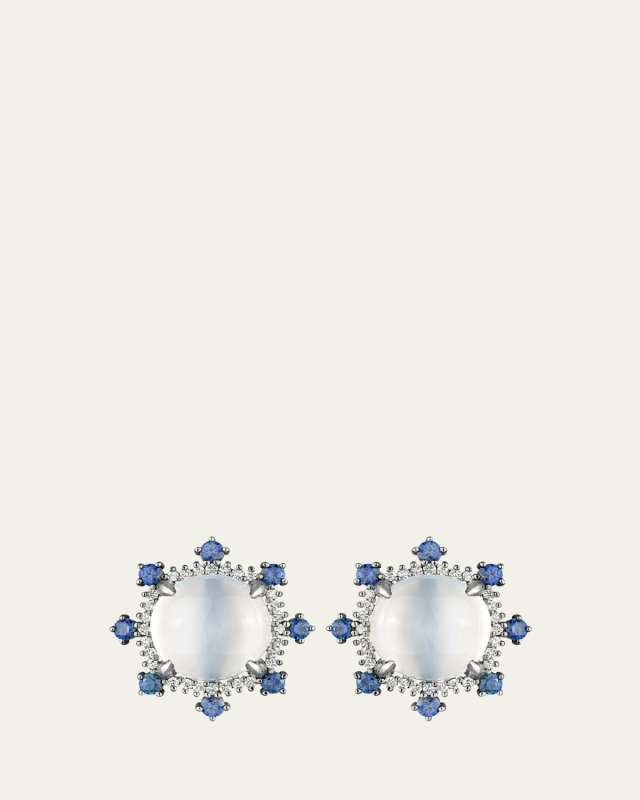 18K White Gold Victorian Cat's Eye Moonstone Stud Earrings with Diamonds and Sapphires, 10mm